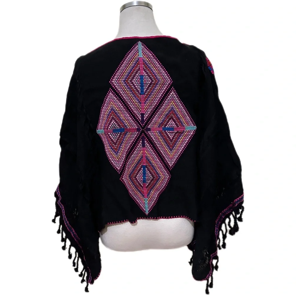Hand Embroidered Woven Huipil Poncho from Mexico Black - Picture 2 of 10